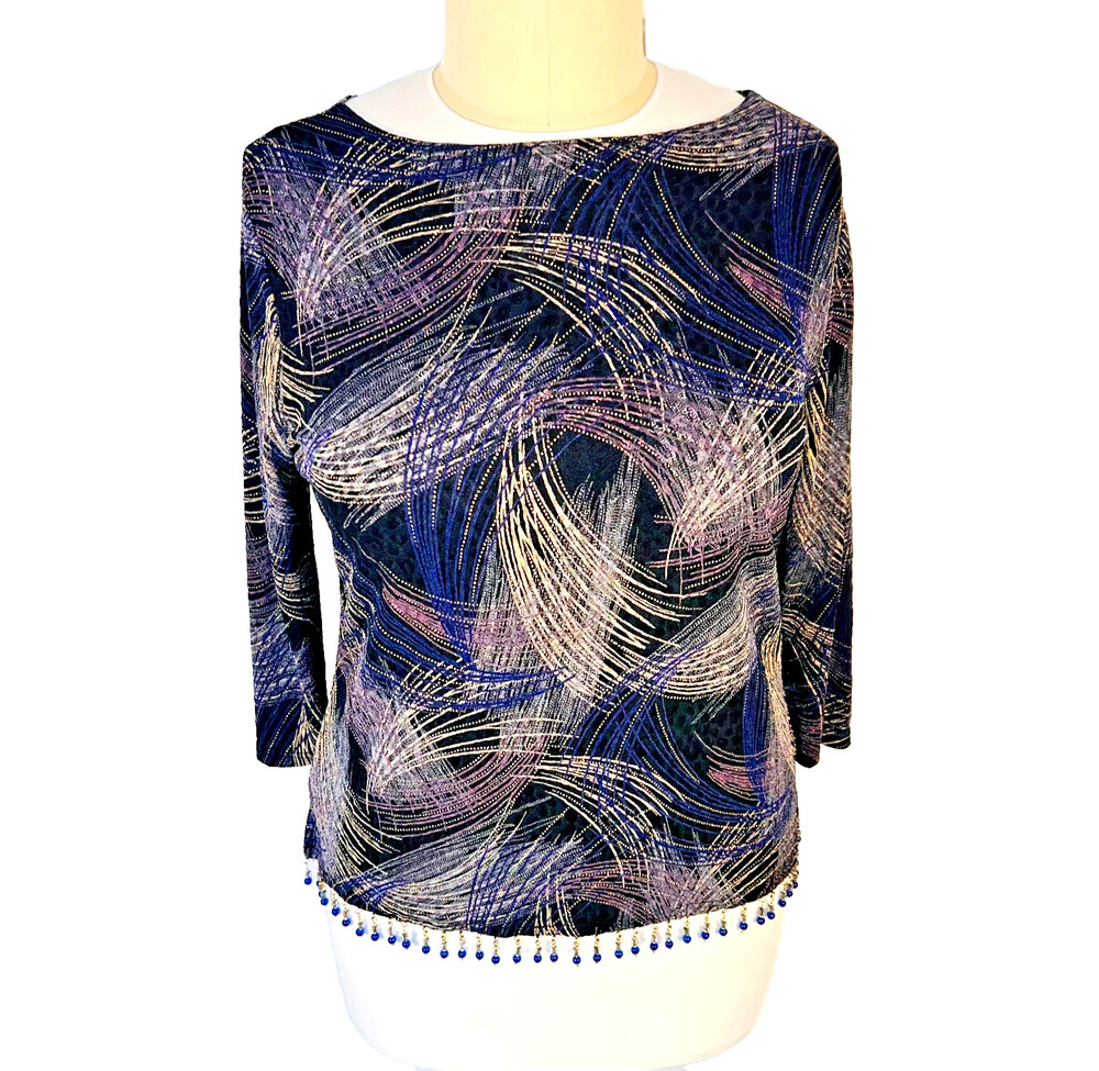 Coldwater Creek - Women's L Blouse Round Neck Beaded Hem Dark Abstract Print